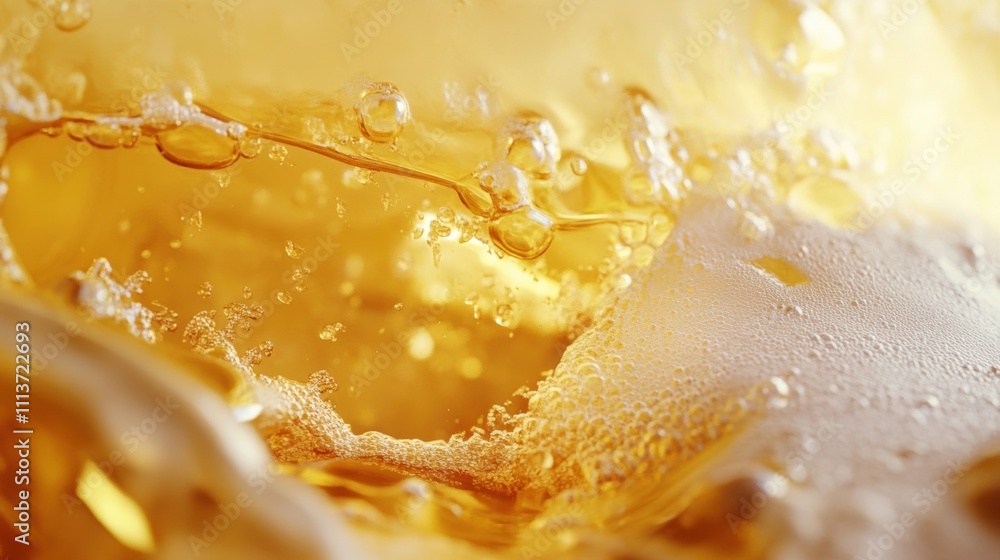 Poster close-up of golden liquid with bubbles, creating a refreshing and vibrant atmosphere.