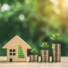 A wooden house with an energy scale and coin stacks with growing plants, symbolizing sustainability and savings.