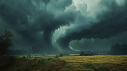 A powerful tornado descends onto a rural landscape, dark clouds swirl ominously as it moves over farmland, signaling an intense weather phenomenon in motion.