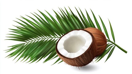 Split coconut nestled on a palm leaf, showcasing its creamy interior and natural textures.
