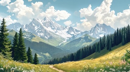Obraz premium A stunning landscape featuring majestic snow-capped mountains and lush green meadows under a bright blue sky.