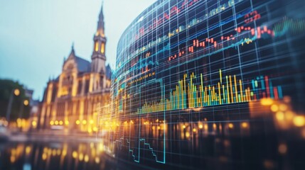 The European Parliament building stands illuminated in the evening light, with a modern digital display of financial data trends and graphs overlaying the scene, symbolizing progress.