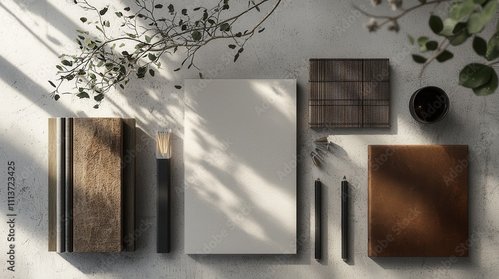 Poster elegant workspace setup with textures and light showcasing creative design elements