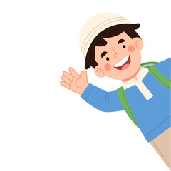 Illustration of a Muslim boy learning to read Arabic letters