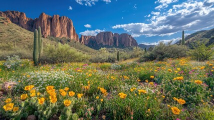 Colorful wildflowers bloom in the foreground while dramatic cliffs rise in the background under a bright blue sky with fluffy clouds, creating a serene desert vista.
