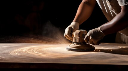 A skilled handyman meticulously sanding a wooden surface with detailed dust particles beautifully illuminated by the light in the workshop environment