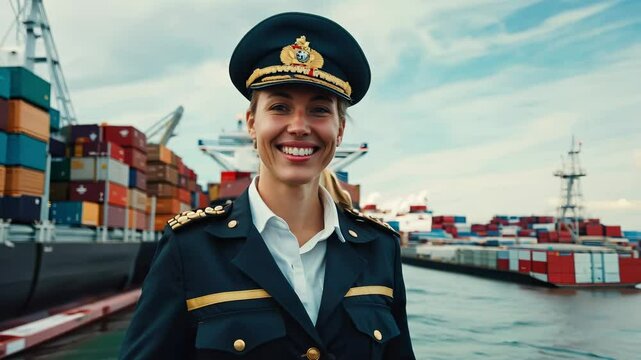 Confident female ship captain poses near cargo ship in bustling port, showcasing leadership in maritime industry