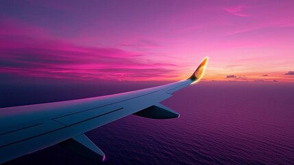 Obraz premium a photostock of a clean airplane wing silhouetted against a gradient sky, modern travel 2025