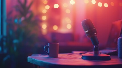 Podcast setup with microphone, mug, and warm lighting.