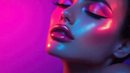 A close-up of a beautiful female model with glowing skin, vibrant makeup, and striking features, set against a colorful neon background.