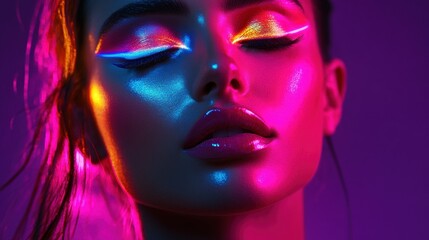 Close-up of a female model with vibrant neon makeup and glossy lips, exuding a futuristic and artistic vibe.