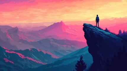 Fototapeta premium A silhouetted figure standing on a cliff at sunset, overlooking a breathtaking mountainous landscape bathed in vibrant pink and purple hues.
