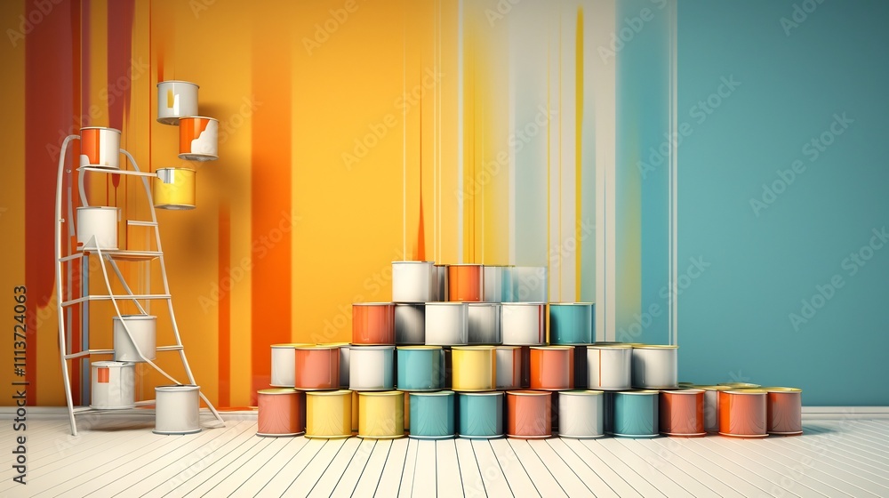Poster vibrant paint cans and rollers arranged in a creative and display creating a visually striking compo