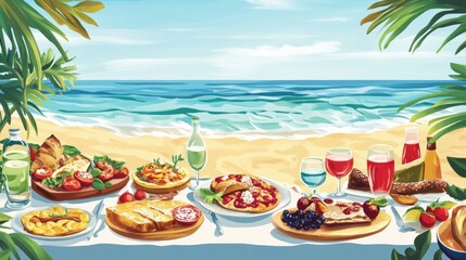 A vibrant beachside feast featuring a variety of colorful dishes and refreshing drinks under a sunny sky.