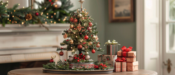A charming tabletop Christmas tree adorned with miniature ornaments and lights, accompanied by small, beautifully wrapped gifts arranged around its base.