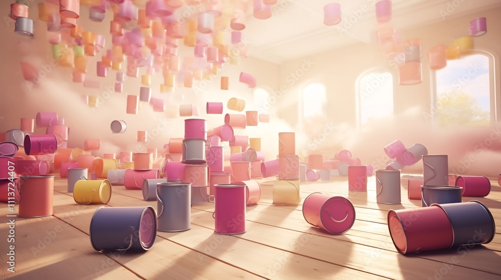 Poster vibrant paint cans and painting rollers arranged in an composition within a bright colorful room set