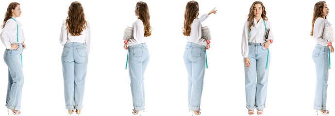 Young woman wearing white blouse and light blue jeans, with measuring tape, isolated on transparent...