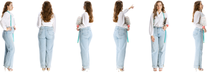 Young woman wearing white blouse and light blue jeans, with measuring tape, isolated on transparent background. Seamstress, fashion designer. Profile, back and front view image. Concept of profession