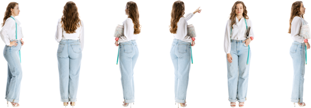Young woman wearing white blouse and light blue jeans, with measuring tape, isolated on transparent background. Seamstress, fashion designer. Profile, back and front view image. Concept of profession