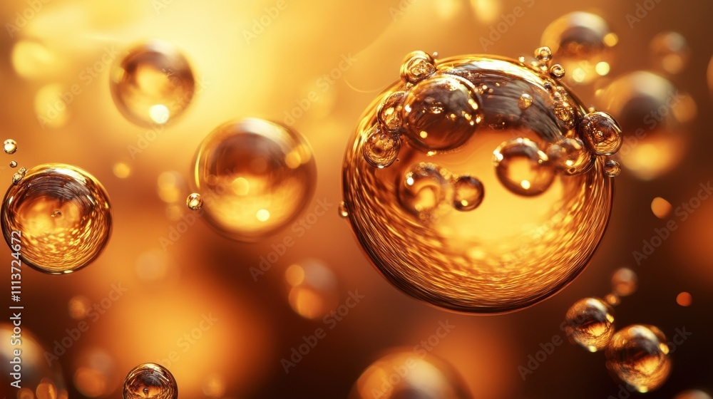 Poster golden bubbles floating in a warm, radiant atmosphere, creating a mesmerizing visual effect.