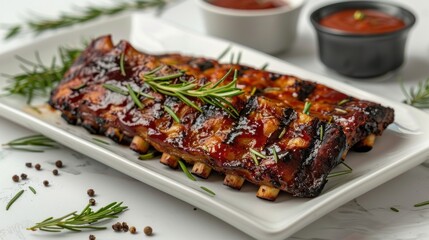 A plate of glazed ribs garnished with herbs, served with dipping sauce.