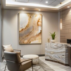 Modern reception area with abstract art on the wall, stylish seating, and a sleek front desk creating a welcoming atmosphere for visitors.