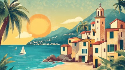 Obraz premium A vibrant coastal scene featuring colorful buildings, palm trees, and a sailing boat at sunset.