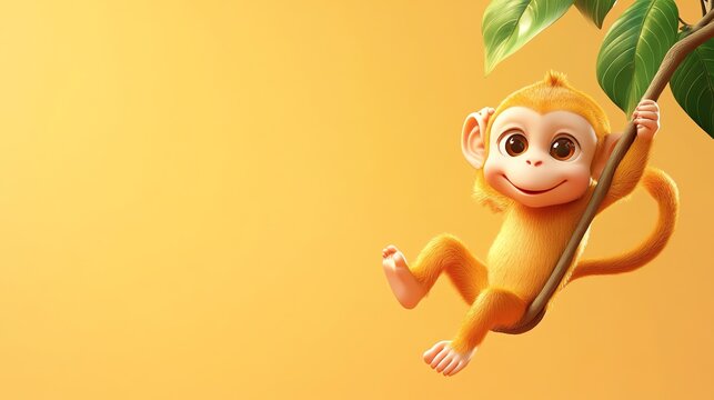 A cute cartoon monkey swings on a vine.