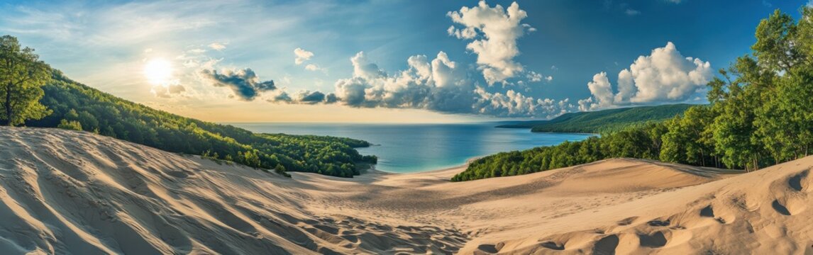 Golden sunlight bathes the Sleeping Bear Dunes, highlighting rolling sand formations, vibrant greenery, and the tranquil waters of the lake on the horizon.