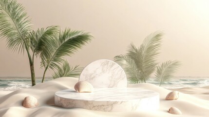 Obraz premium A serene tropical setting featuring a marble display pedestal on sandy shores with seashells and palm trees in the background.