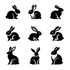 Nine stylized black rabbit illustrations. Set of cute rabbit silhouette
