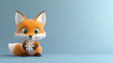 Obraz premium A 3D rendered cartoon fox with big eyes is holding a snowflake in front of a light blue background.