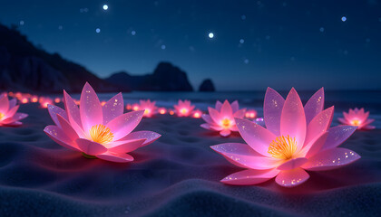 Flowers made of stars on the beach at night, under a starry sky