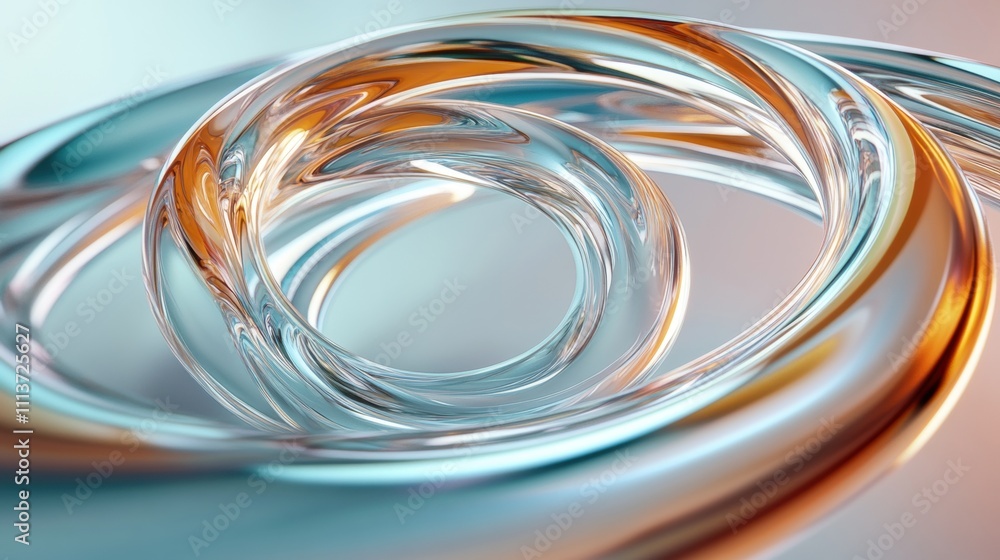 Poster abstract swirling loops of glass, merging hues of amber and blue, creating a dynamic and fluid visua