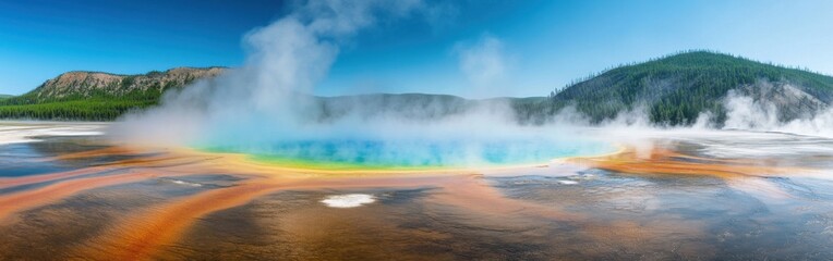 Fototapeta premium The vibrant colors of the Grand Prismatic Spring are showcased under a clear blue sky, with steam rising and lush green hills in the background, capturing nature's beauty.