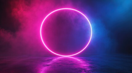A vibrant neon circle illuminated in pink and blue hues, surrounded by a misty atmosphere, creating a futuristic ambiance.