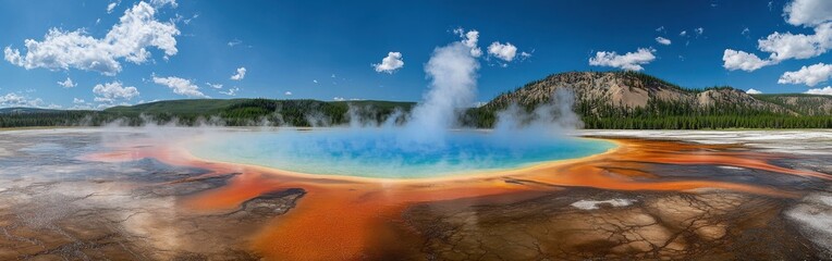 Grand Prismatic Spring displays vibrant colors and steam, surrounded by lush greenery and blue skies, creating a mesmerizing natural spectacle.