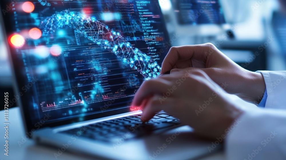 Aufkleber hands typing on a laptop with digital data visualization