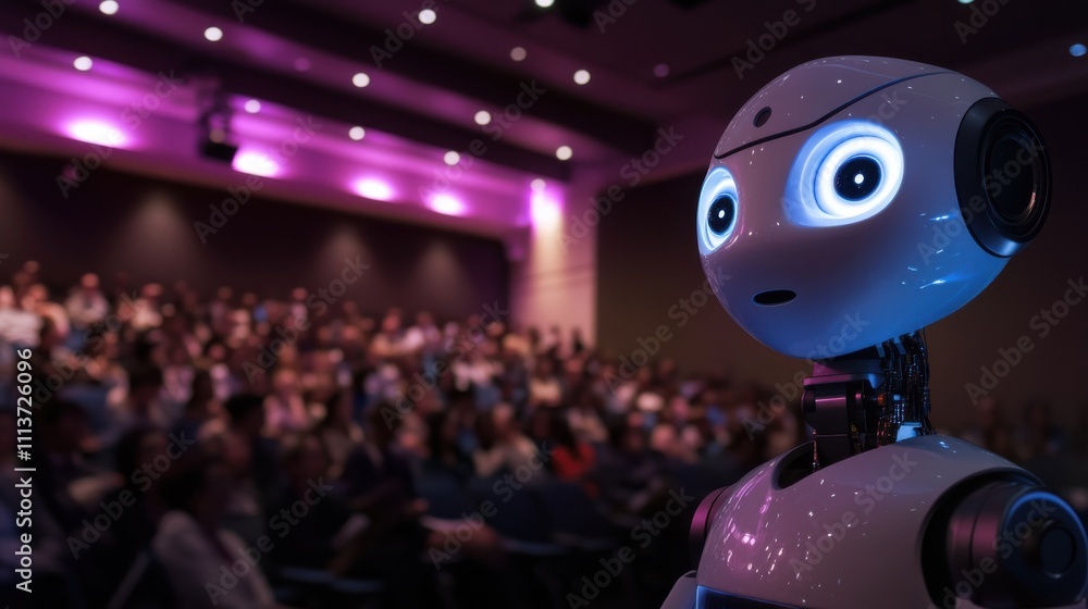 Poster the auditorium is filled with an attentive audience while a futuristic robot stands in the foregroun