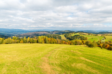 View from Zakopcie lookout toewer on Martacky vrch hill in autumn Javorniky mountains in Slovakia