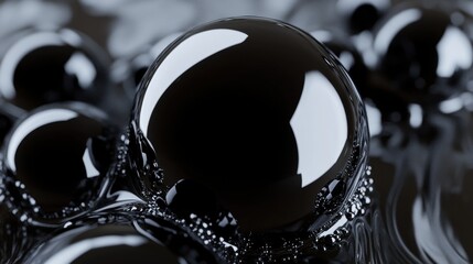Abstract composition of glossy black spheres floating in a dark liquid, creating a mesmerizing visual effect.