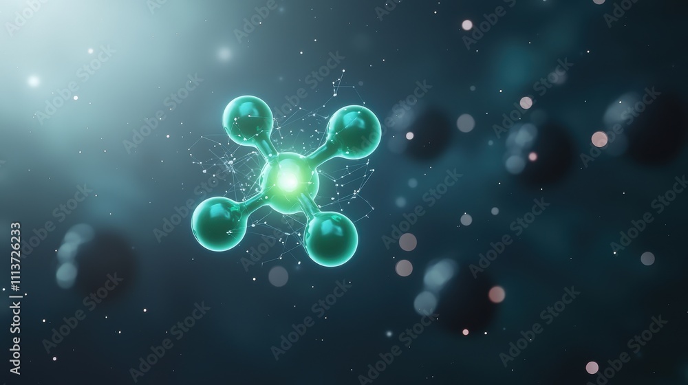 Aufkleber glowing green oxygen molecule surrounded by abstract particles creates captivating visual. this artw