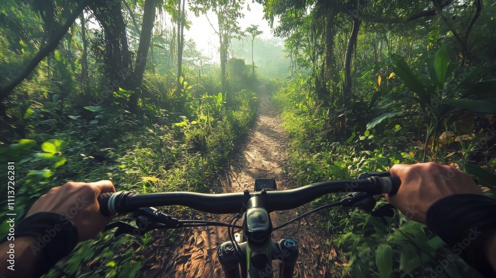 Poster cyclist rides on a dirt trail in a vibrant forest surrounded by tall trees and green vegetation. sof
