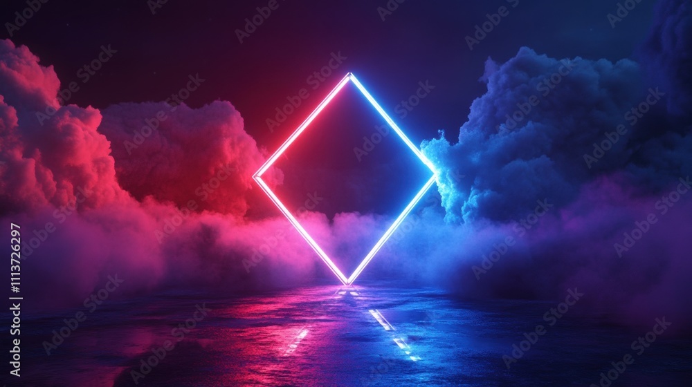 Poster a mesmerizing neon diamond shape glows against a backdrop of colorful fog and reflections, creating 