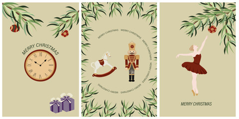 Merry Christmas conceptual background vector. Collection of nutcracker, ballet, wooden horse and ballerina. Design suitable for banner, invitation, decoration.