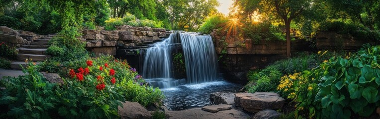 Obraz premium Visitors can enjoy the calming sound of water cascading down Minnehaha Falls as the sun sets, creating a beautiful atmosphere filled with nature’s colors.