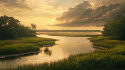 Obraz premium The marshlands of Bombay unfold in a serene display at dawn, with still waters mirroring a vibrant sky and lush greenery lining the banks.