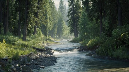 The river meanders through lush greenery as salmon swim upstream, surrounded by tall trees and the gentle sounds of nature in the early morning.