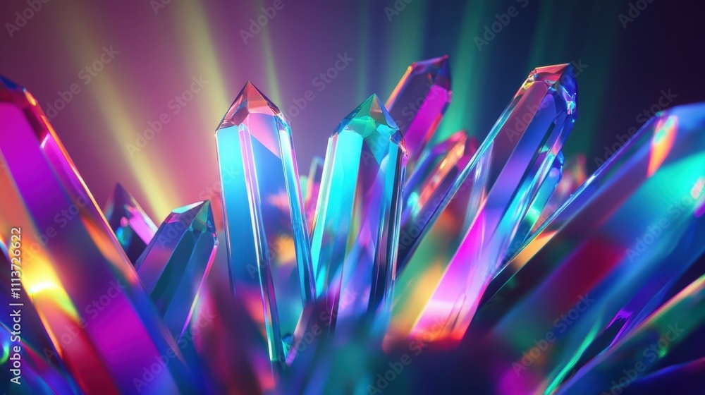 Poster vibrant cluster of colorful crystals reflecting light, creating a mesmerizing and mystical atmospher