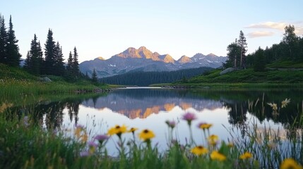 The peaceful mountain lake captures the vibrant colors of wildflowers in the foreground and majestic peaks in the background, as the sun sets, creating a serene atmosphere.